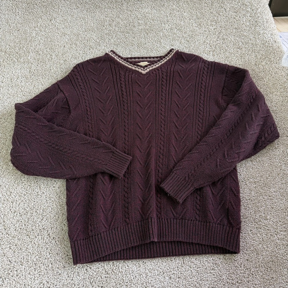 Vintage St. John's Bay Sweater Mens Medium Red Cable Knit V Neck Pullover Cotton